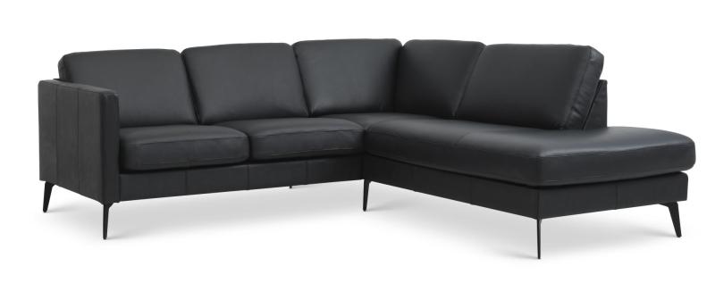 Elegant sort lædersofa med chaiselong – Udsalg!