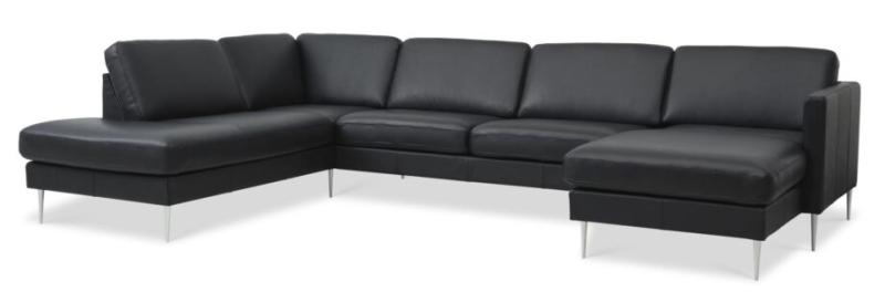 Elegant Sort Sofa i Semianilin Læder med Chaiselong