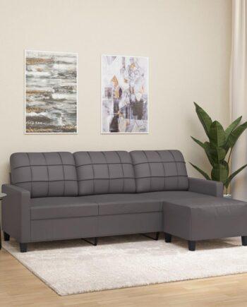 3-Personers Sofa med Fodskammel i Grå Kunstlæder – Tilbud!