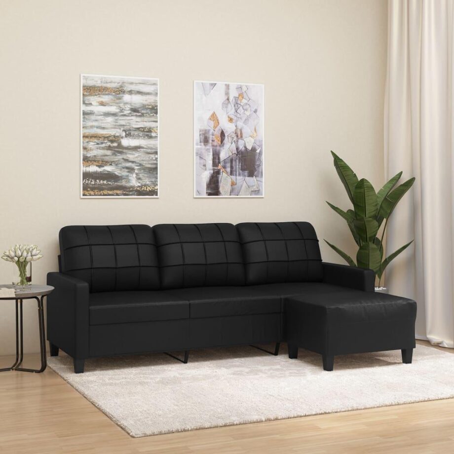 Elegant 3-Personers Sofa med Fodskammel i Sort Kunstlæder