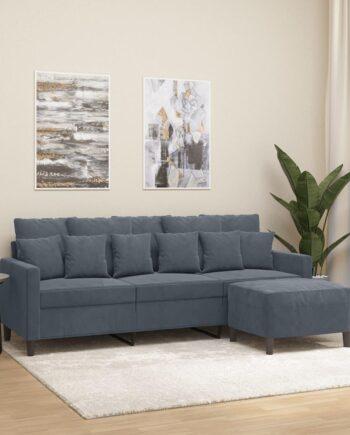 Stilfuld Mørkegrå Velour Sofa med Fodskammel til Stuen