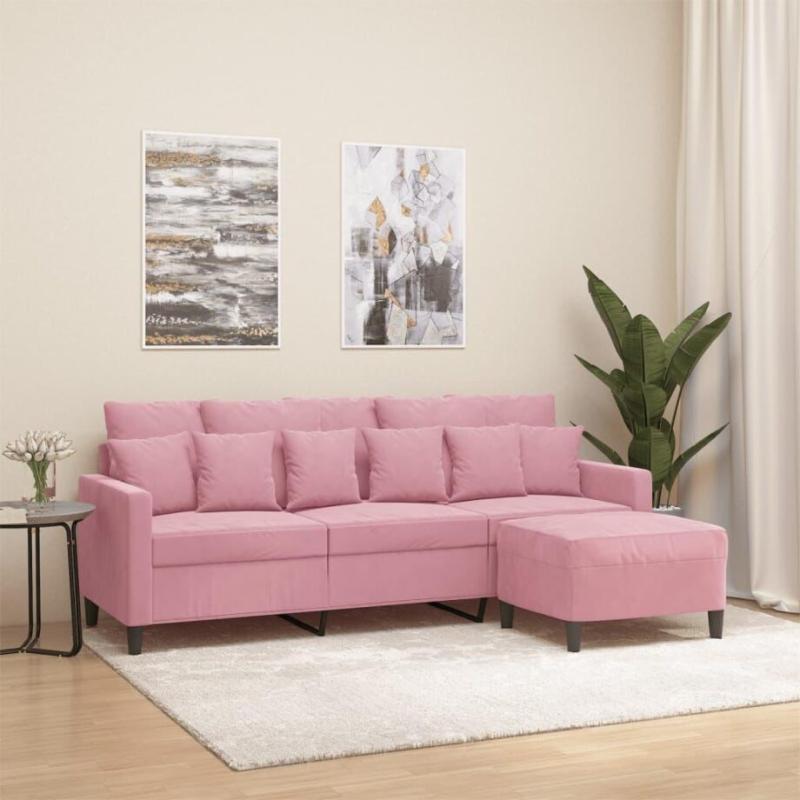 Lyserød Velour Sofa til 3 Personer med Fodskammel - Udsalg!