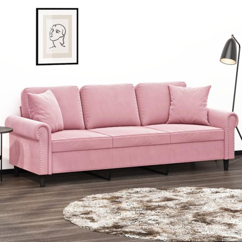 Moderne lyserød 3-personers sofa med pyntepuder – Udsalg!