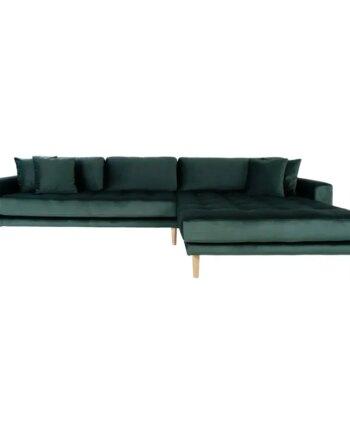 Elegant Højrevendt Mørkegrøn Velour Sofa med Puder