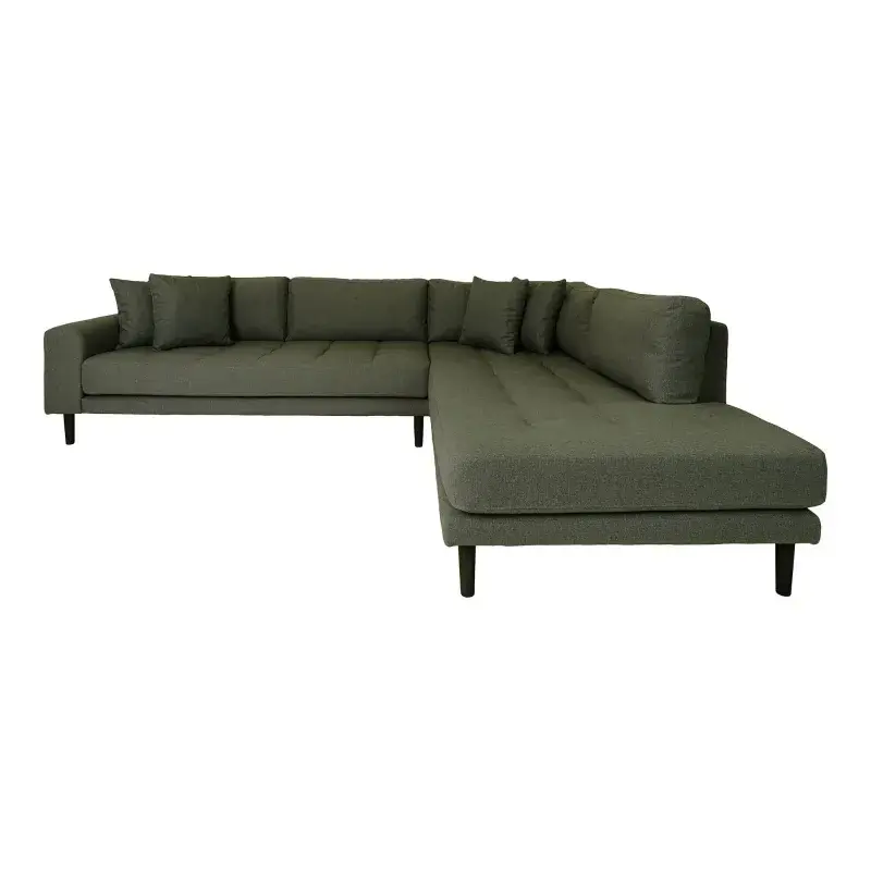 Elegant olivengrøn hjørnesofa med puder til stuen
