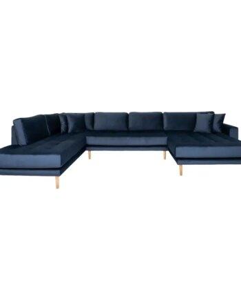 Stilfuld Mørkeblå Velour U-Sofa med Åben Ende – Elegance!