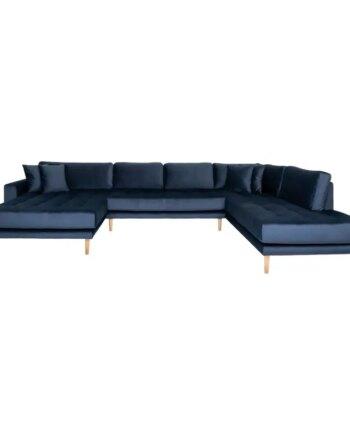 Mørkeblå Velour U-Sofa med Åben Ende – Stilfuld Komfort