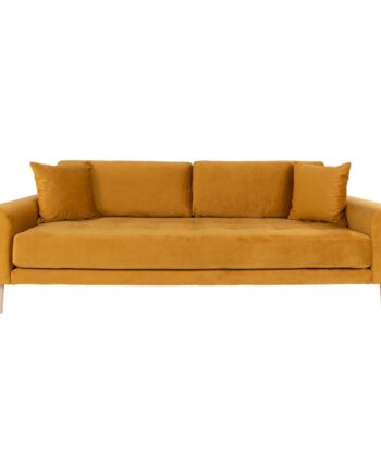 Stilfuld sennepsgul velour sofa på tilbud til hjemmet!