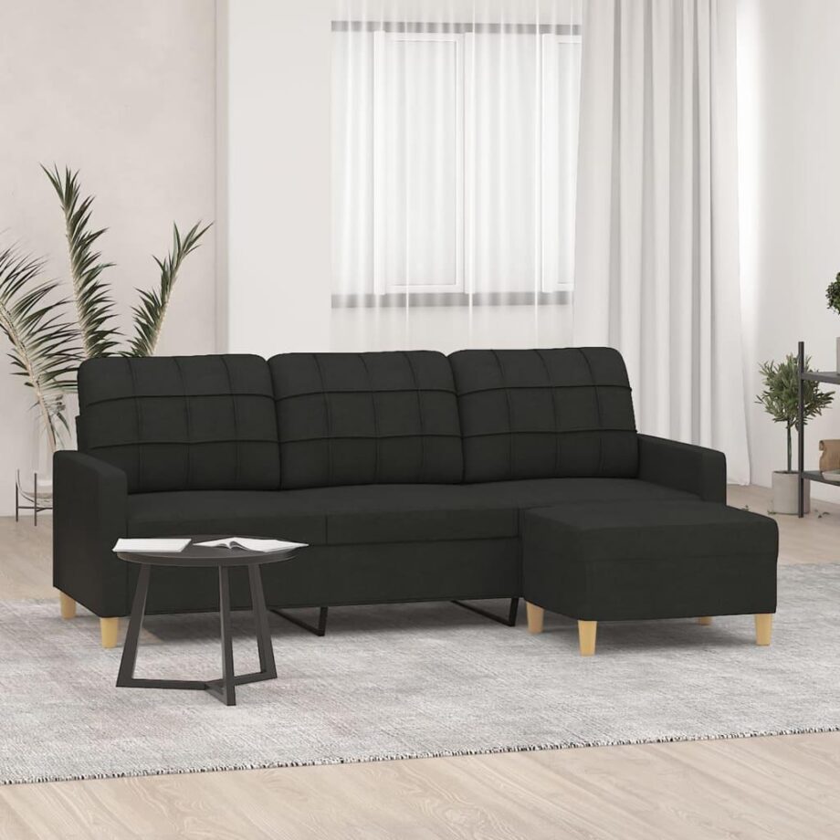 Elegant Sort 3-Personers Sofa med Fodskammel til Hjemmet