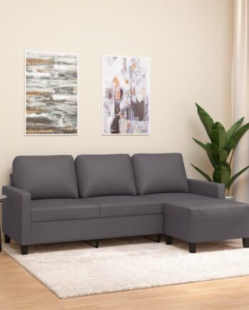 Elegant 3-Personers Sofa med Fodskammel i Grå Kunstlæder