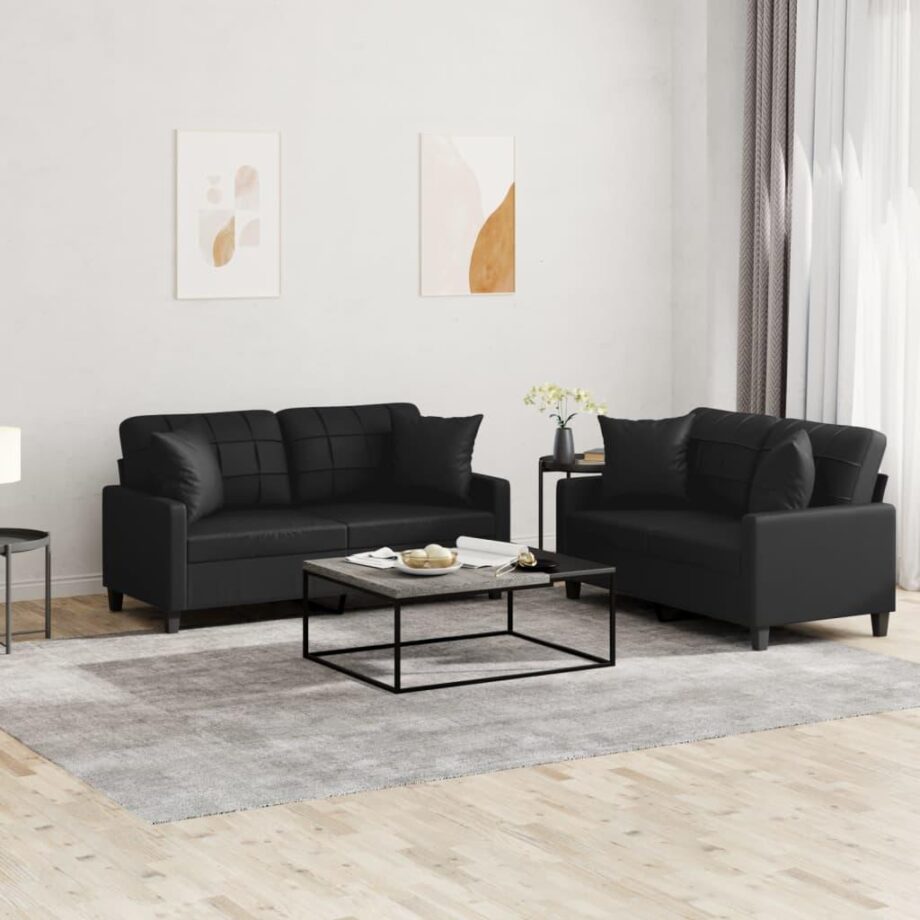 Elegant Sort Kunstlæder Sofa med Puder - Stilfuld Elegance!