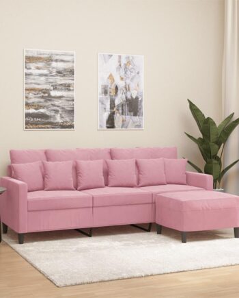 3-personers Sofa med Fodskammel i Lyserød Velour - Udsalg!