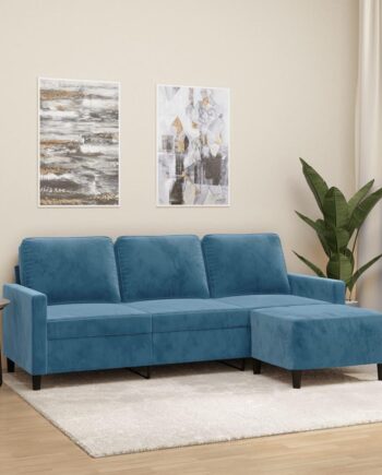 3-Personers Sofa med Fodskammel i Blå Velour - Tilbud!