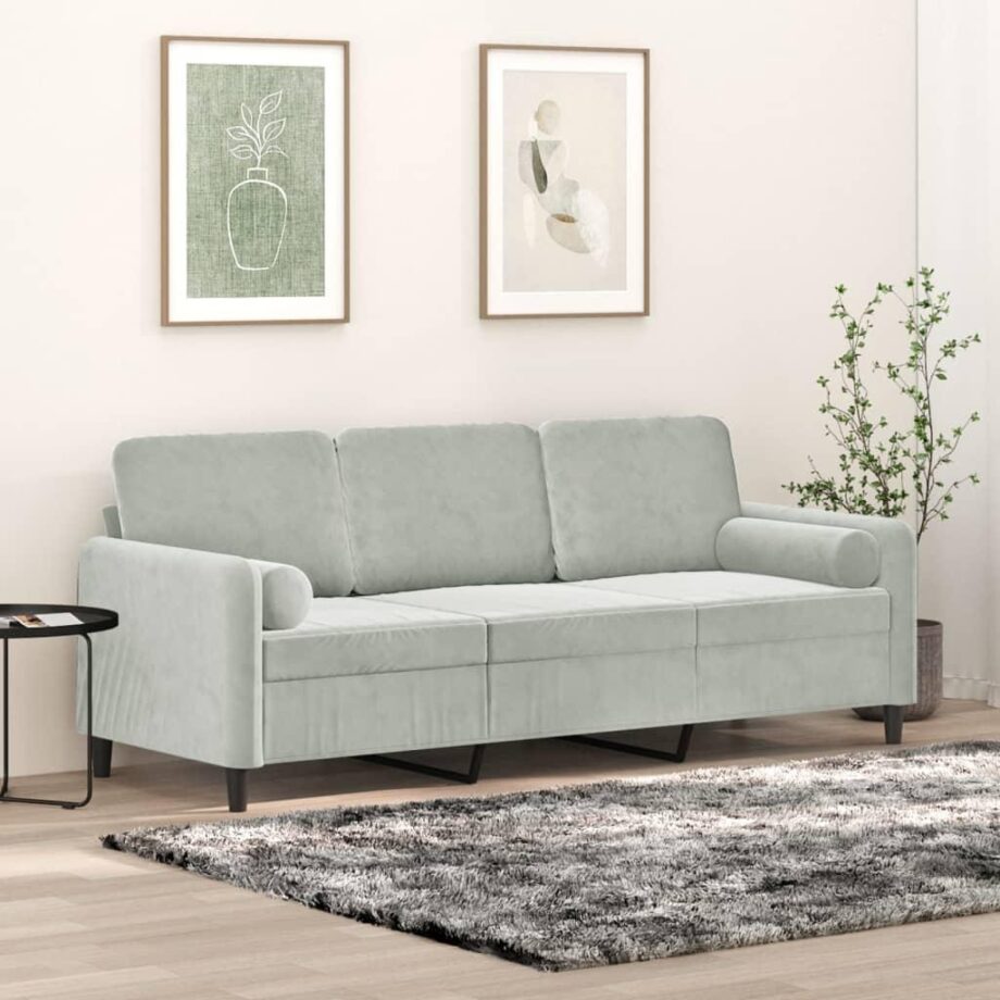 Moderne Lysegrå Velour Sofa til 3 med Pyntepuder