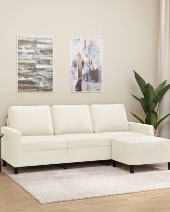 3-Personers Sofa med Fodskammel i Creme Velour – Tilbud!
