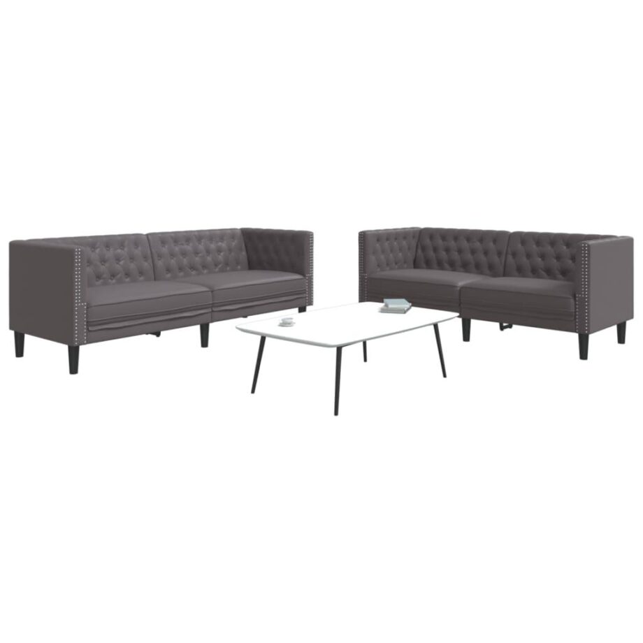 Elegant Chesterfield Sofasæt i Grå Kunstlæder til Stuen
