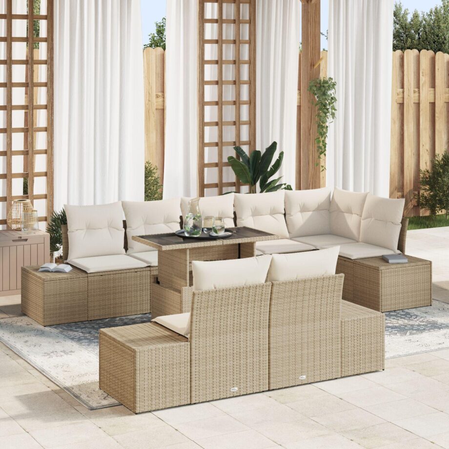 Moderne Beige Poly Rattan Sofa Sæt til Haven med Puder
