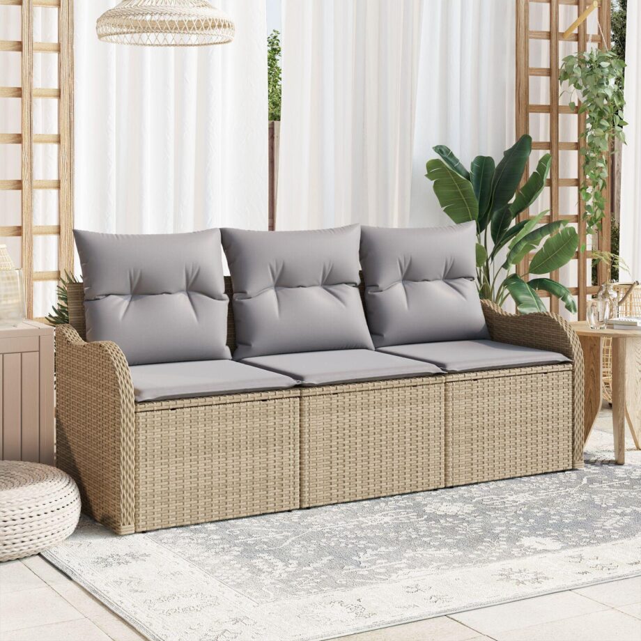 Elegant Beige Polyrattan Sofa Sæt til Haven med Puder