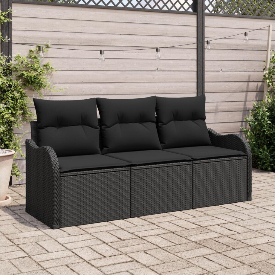 Moderne Sort Poly Rattan Sofa Sæt til Haven med Puder