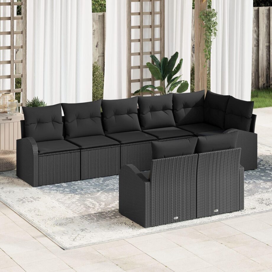 Moderne Sort Polyrattan Sofa Sæt til Haven med Puder