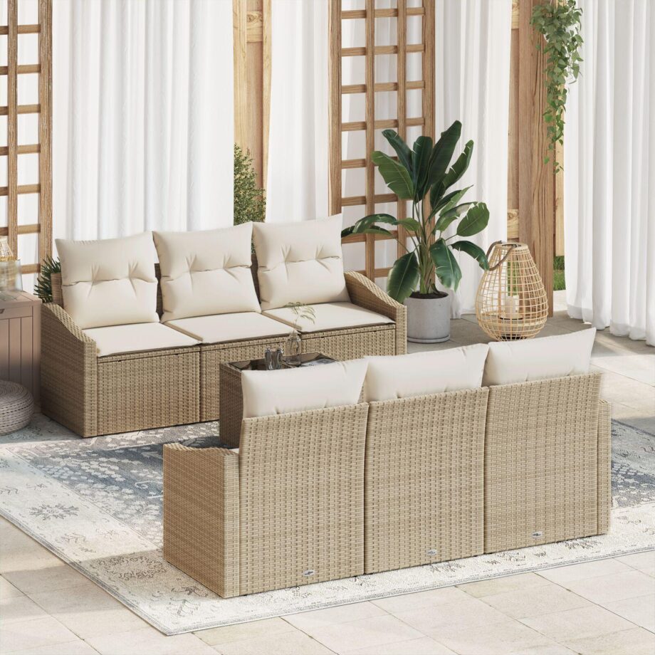 Beige Poly Rattan Havemøbel Sæt med Puder - Udsalg!