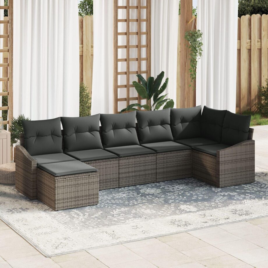 Elegant Grå Poly Rattan Sofa Sæt til Haven med Hynder