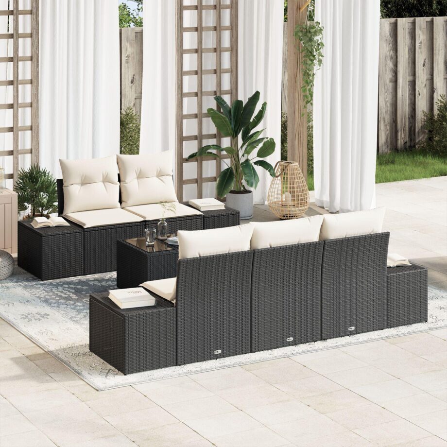 Modulært Havemøbel Sofa Sæt i Sort Poly Rattan med Puder