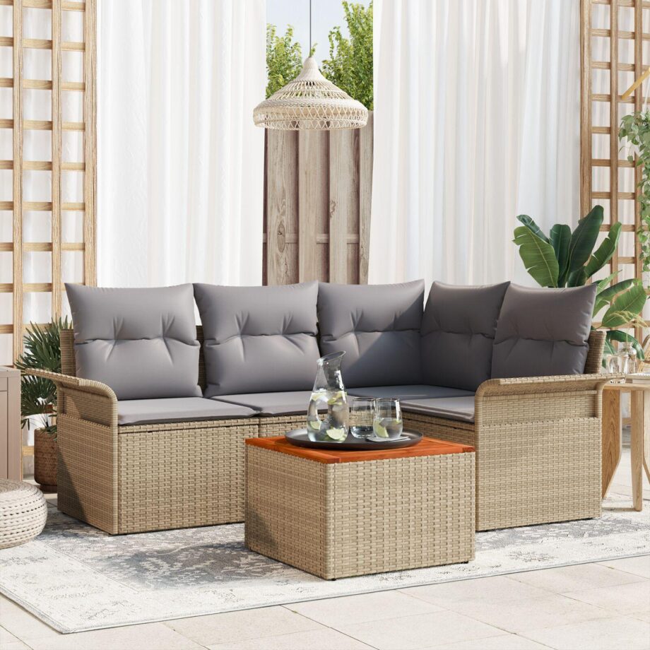 Elegant Beige Rattan Sofa Sæt til Haven med Puder