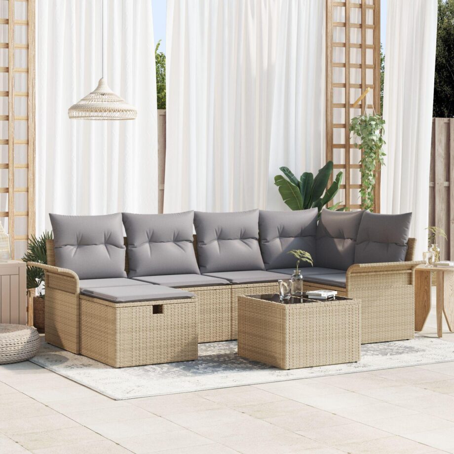 Beige Poly Rattan Sofa Sæt til Haven med Opbevaring