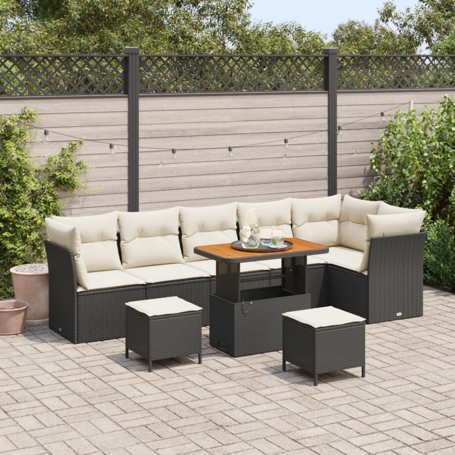 Elegant Sort Poly Rattan Sofa Sæt til Haven med Puder