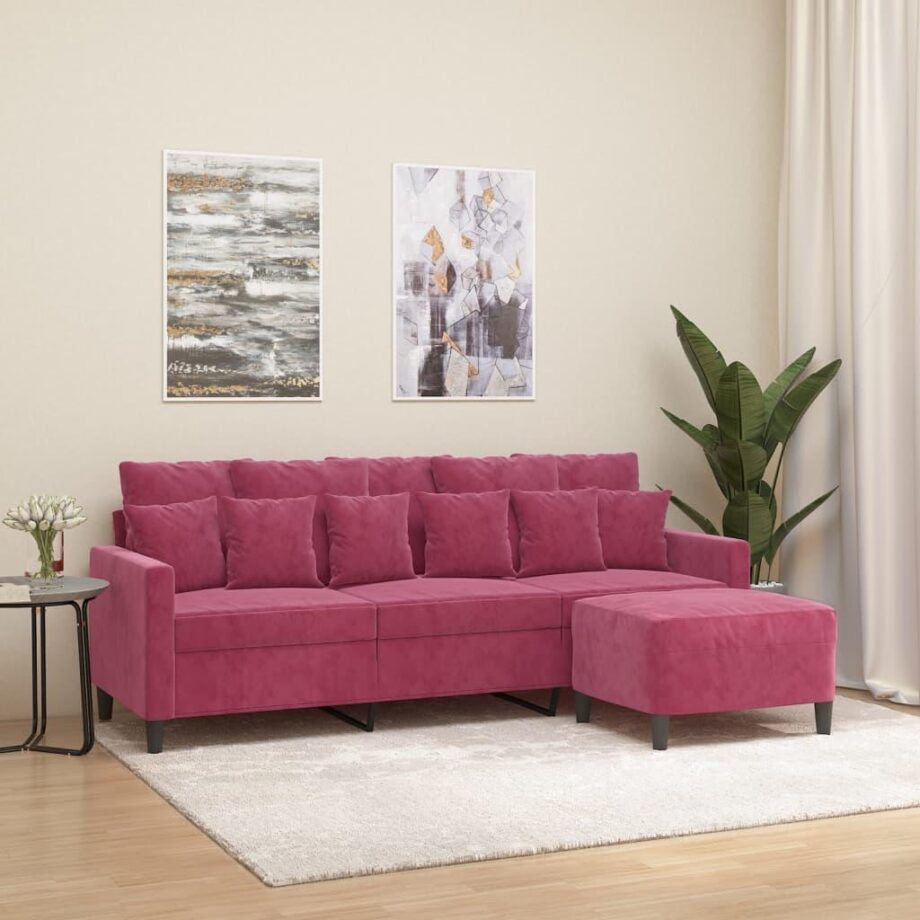 Vinrød 3-personers Velour Sofa med Fodskammel – Stil og Komfort