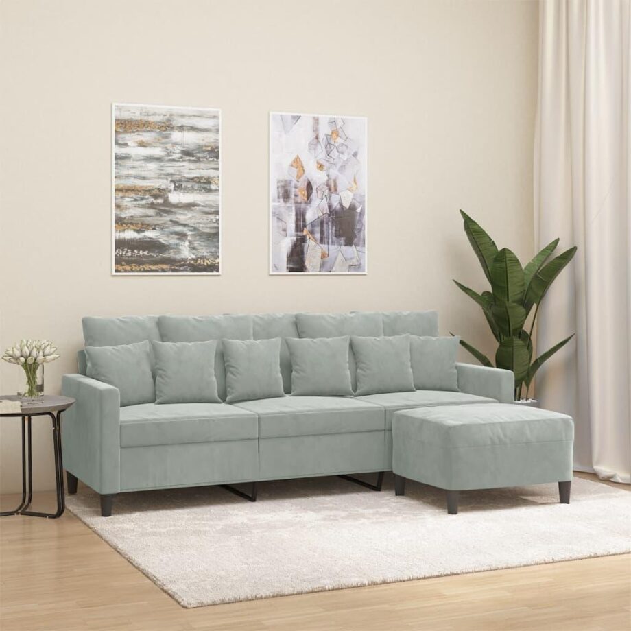 Elegant 3-Personers Sofa i Lysegrå Velour med Fodskammel