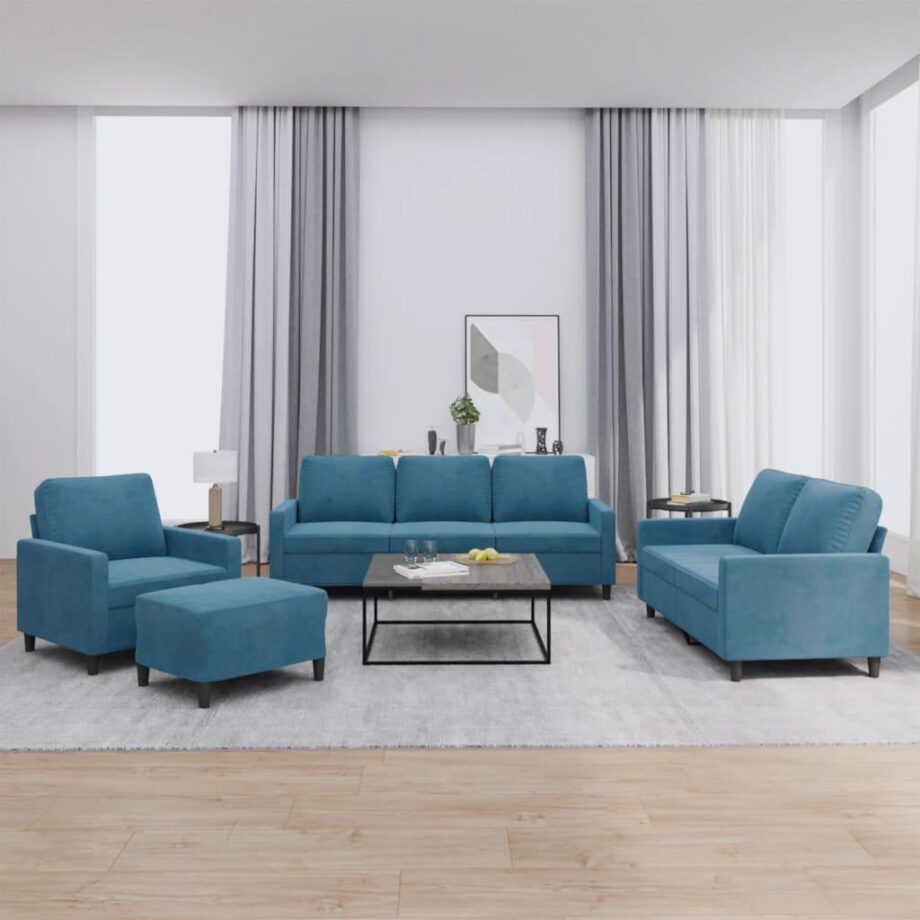 Stilfuldt Blåt Velour Sofasæt med Hynder til Dit Hjem