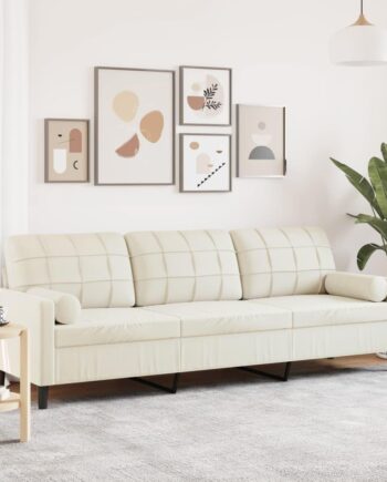 3-Personers Sofa i Cremefarvet Velour med Pyntepuder