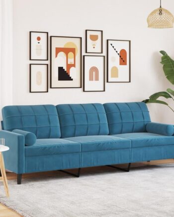 3-Personers Blå Fløjl Sofa med Pyntepuder - Fantastisk Tilbud!