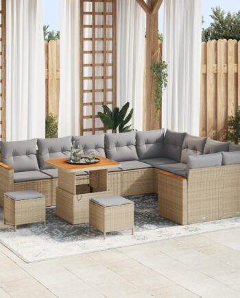 12 Dele Beige Have Sofa Sæt med Puder i Poly Rattan