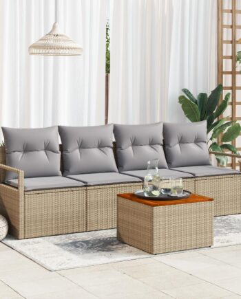 5-Personers Beige Poly Rattan Sofa Sæt med Puder til Haven